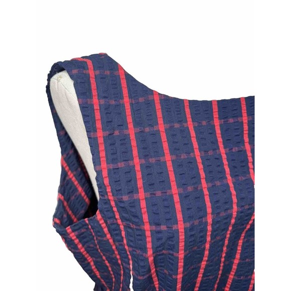 L.L. Bean Red & Blue Check Seer Sucker Sleeveless Dress Belted Size 16 - Picture 10 of 11